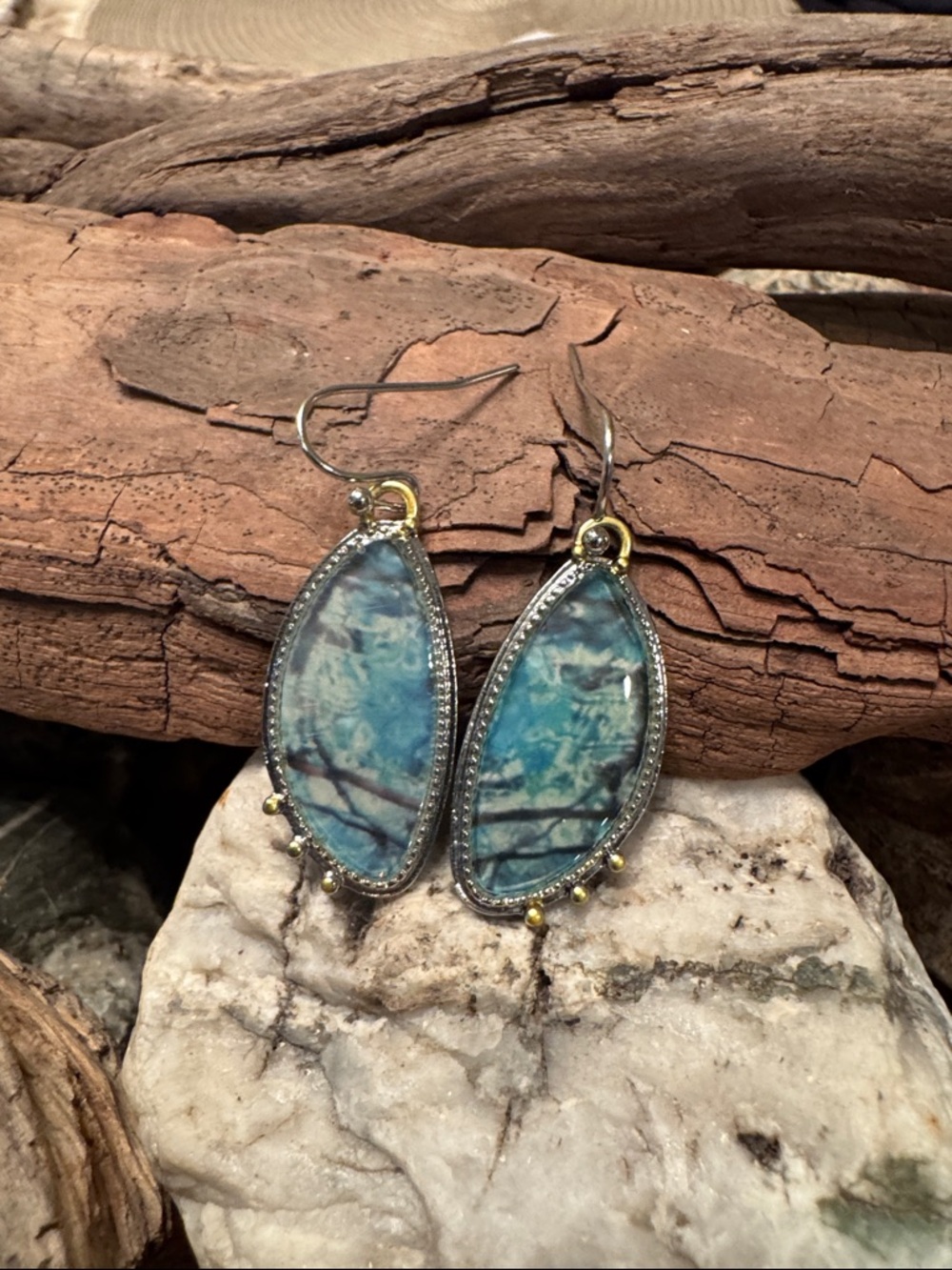 Source Unknown Blue and Silver Teardrop Dangle Earrings with Gold Accents
